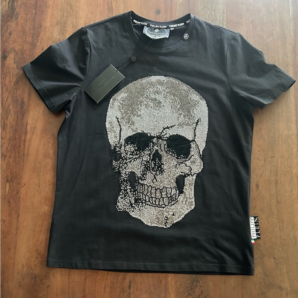NWT Philipp Plein men’s Black T-Shirt with Silver studded Skull Graphic Large